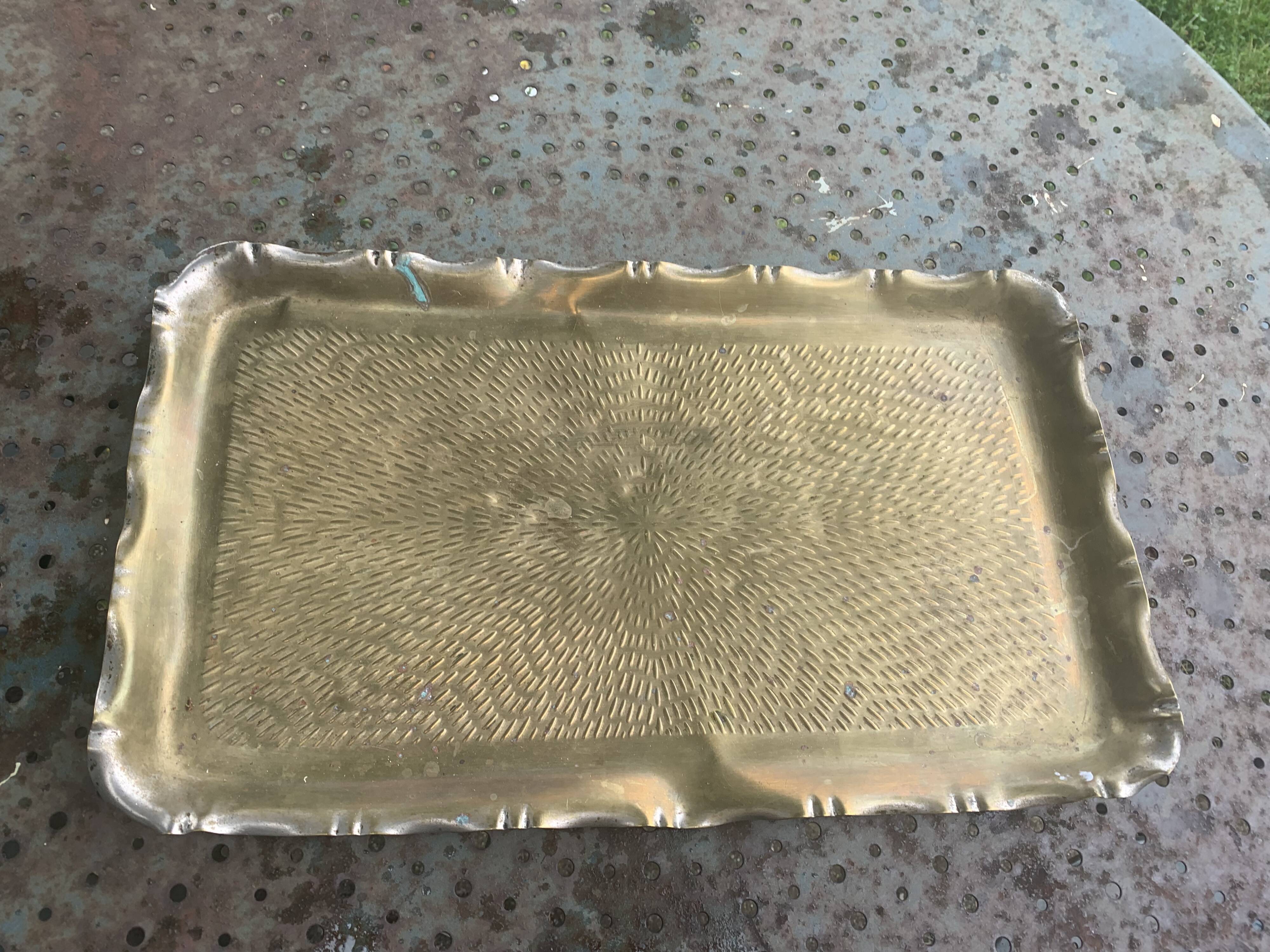 Large rectangular tray in vintage, artisanal and oriental hammered metal