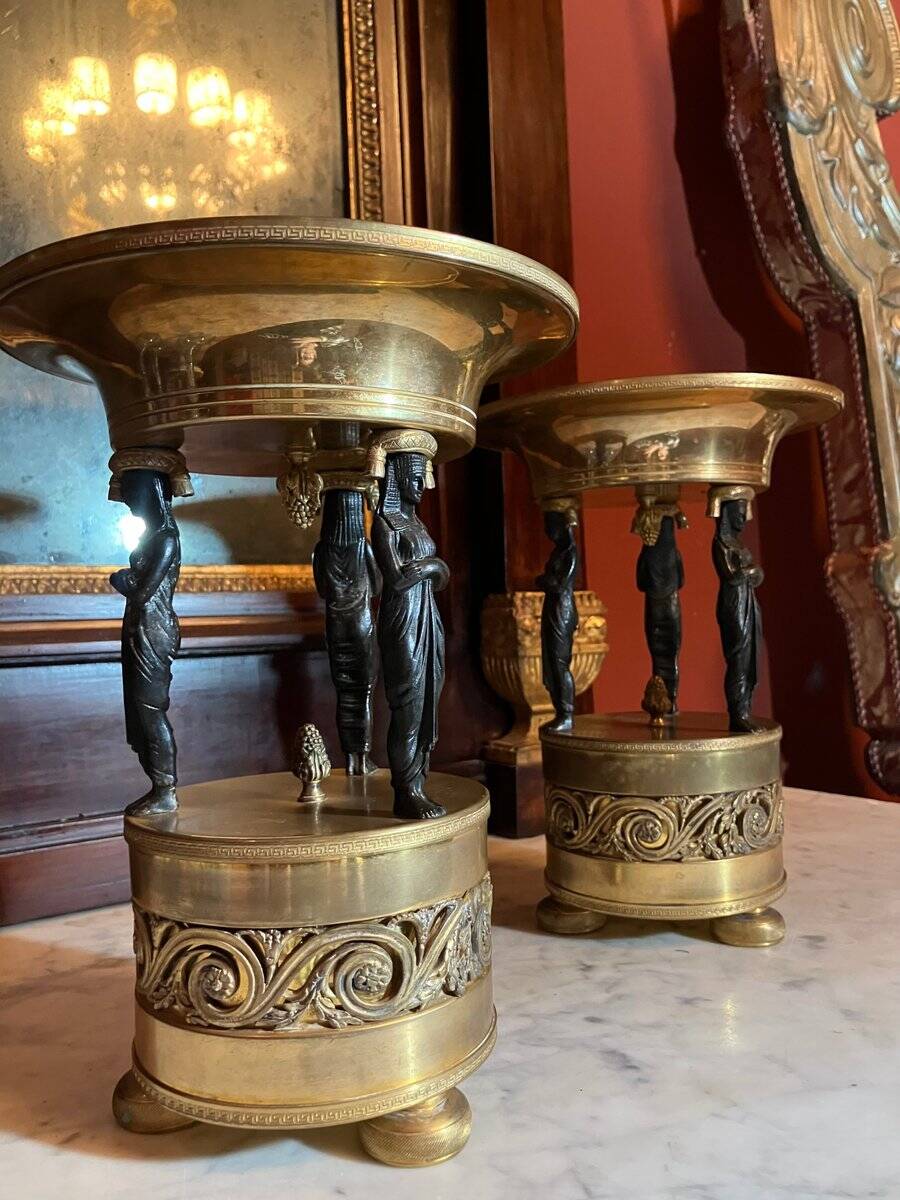 Italian Empire Bronze and Brass Tazzas with Sphinxes, 1800s, Set of 2