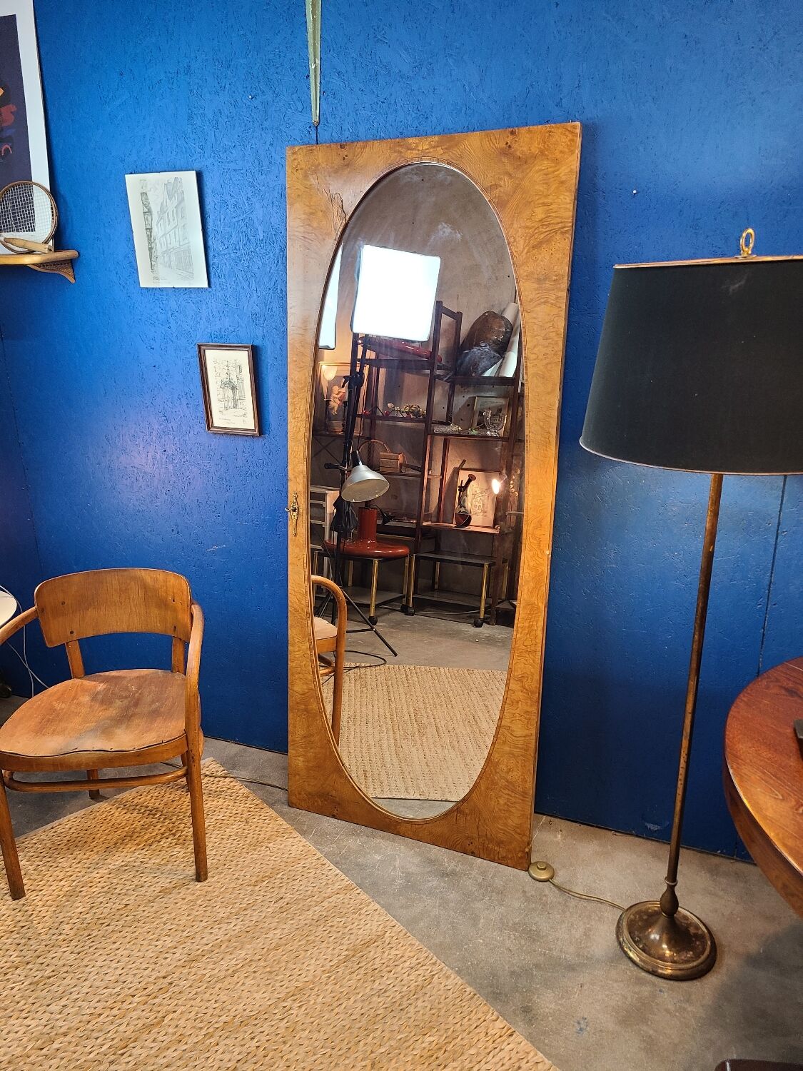 Miroir vintage géant bois clair miroir ovale 1920