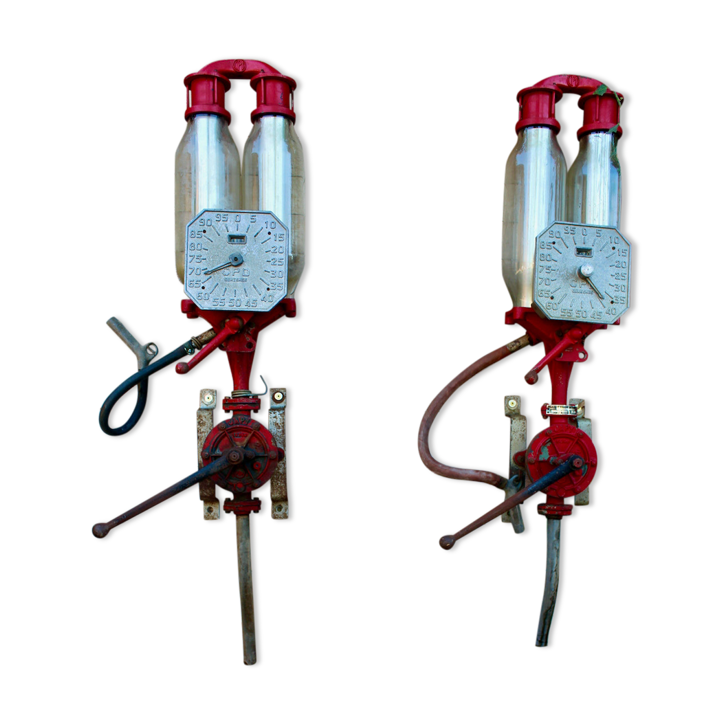 Pair of vintage petrol pumps from the japy brand, 1900
