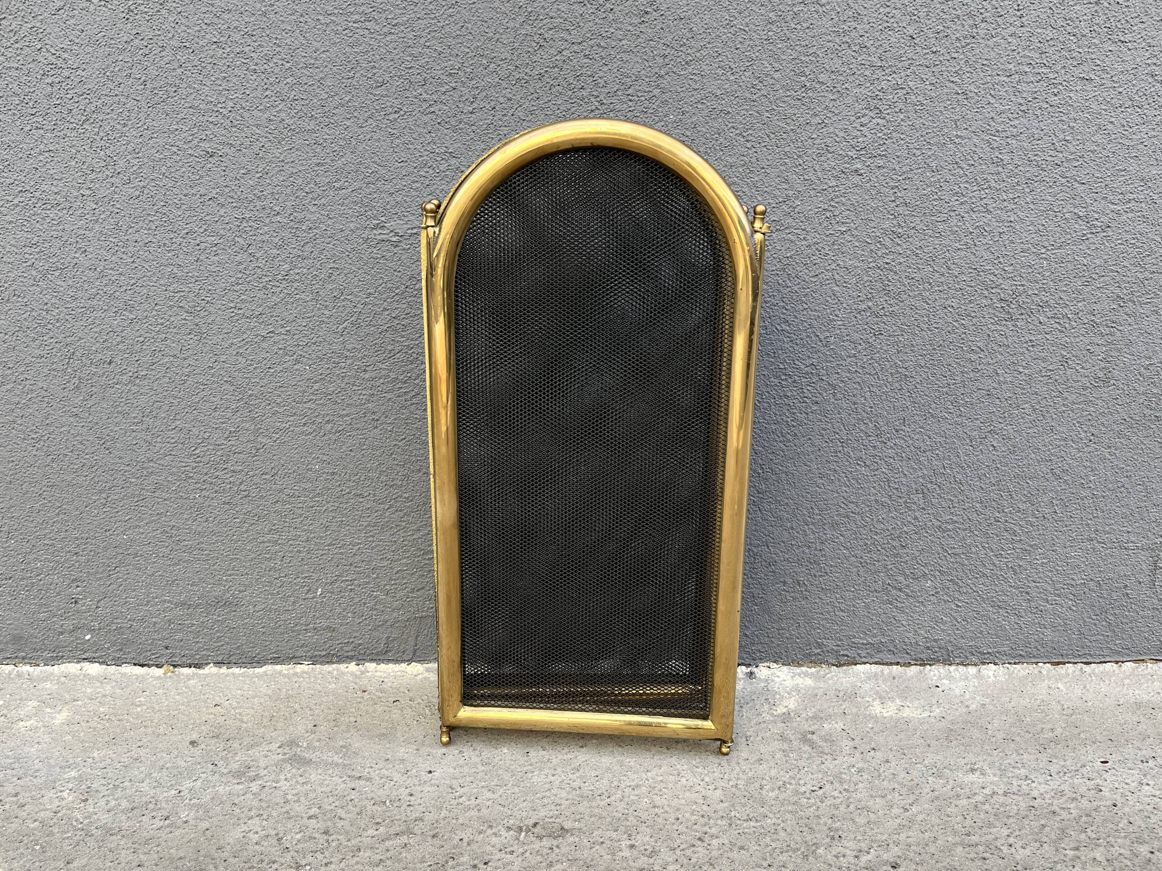 Antique 1920s Brass Fireplace Screen, Vintage French 4-Panel Spark Guard