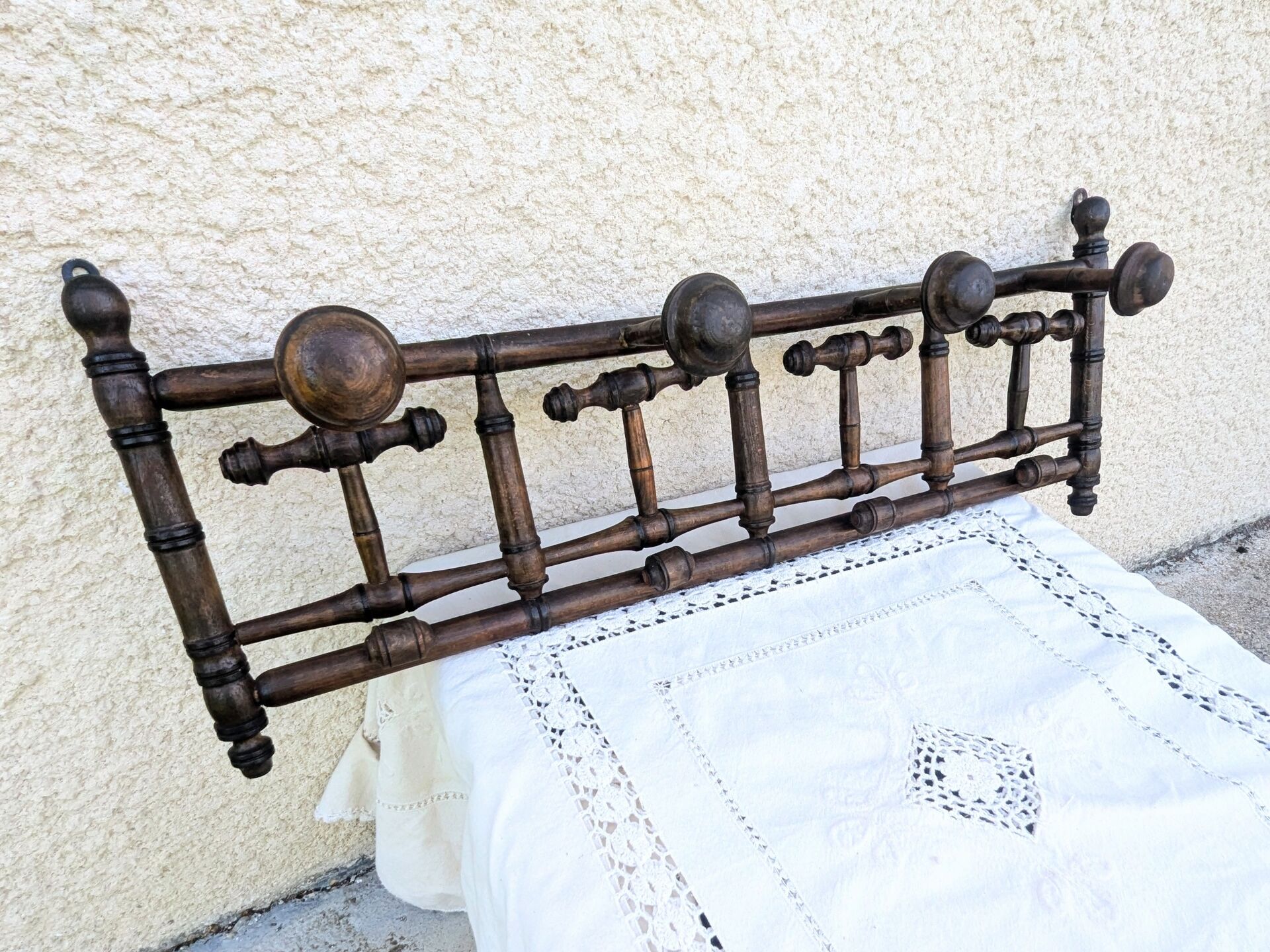 Antique wall coat rack, wooden turned bamboo, bistro 1900.