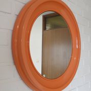 Orange vintage round wall plastic mirror 1980s, space age vanity mirror