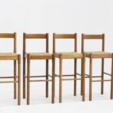 Ensemble de tabourets de bar vintage Vico Magistretti en frêne et paille, Italie