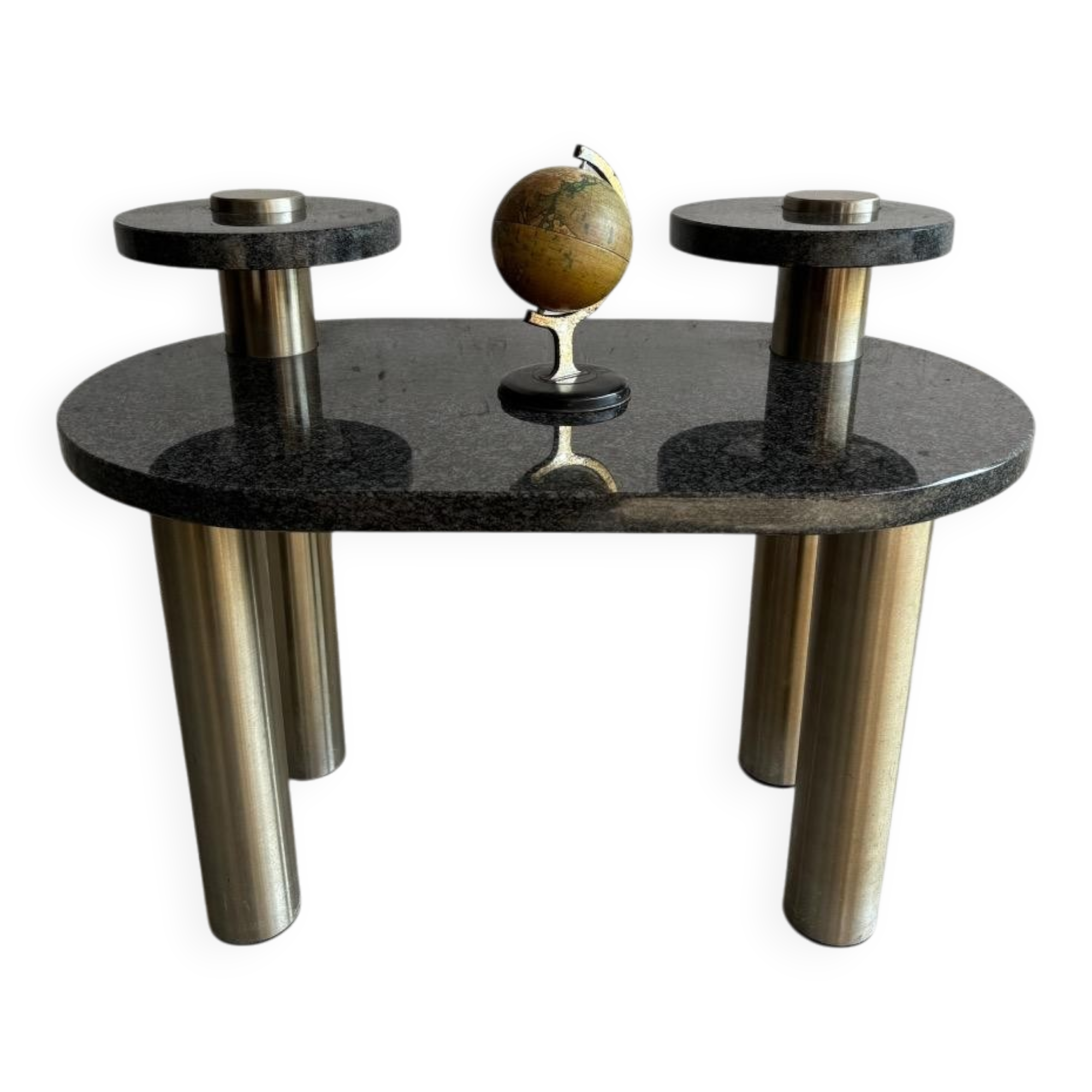 Memphis coffee table in black/gray granite and brushed stainless steel — sculptural double-tiered table in a postmodern 1980s style