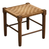 Scandinavian stool in solid oak and paper cord 1960