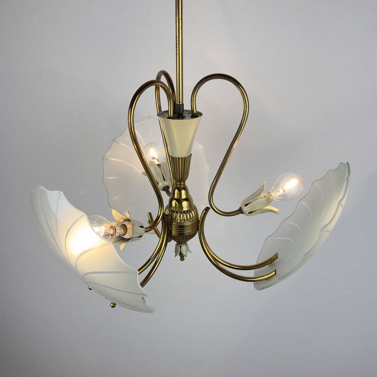 Antique brass and glass chandelier in the style of Pietro Chiesa for Fontana Arte, Italy, 1930s.