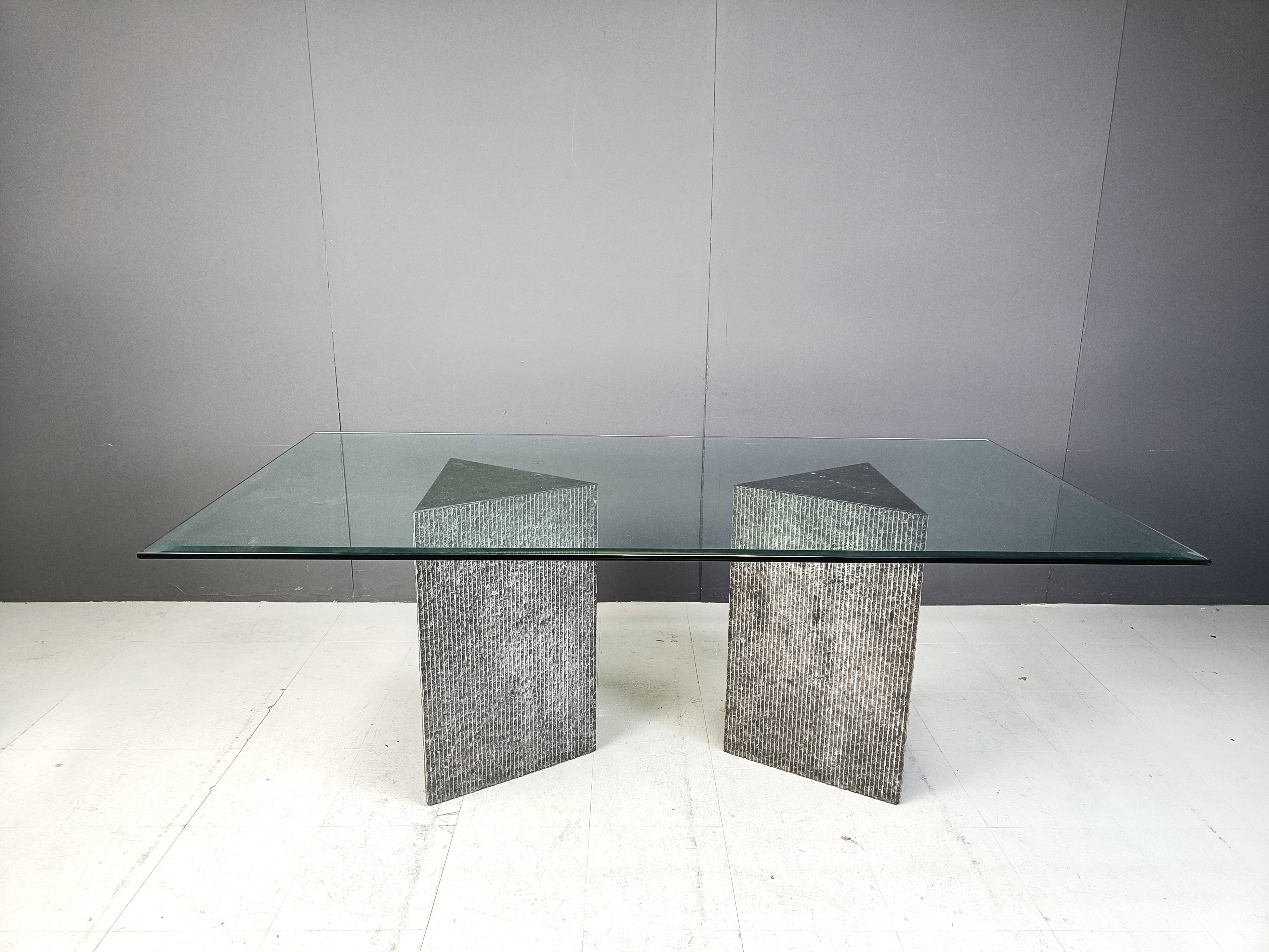 Vintage brutalist glass and marble dining table, 1970s