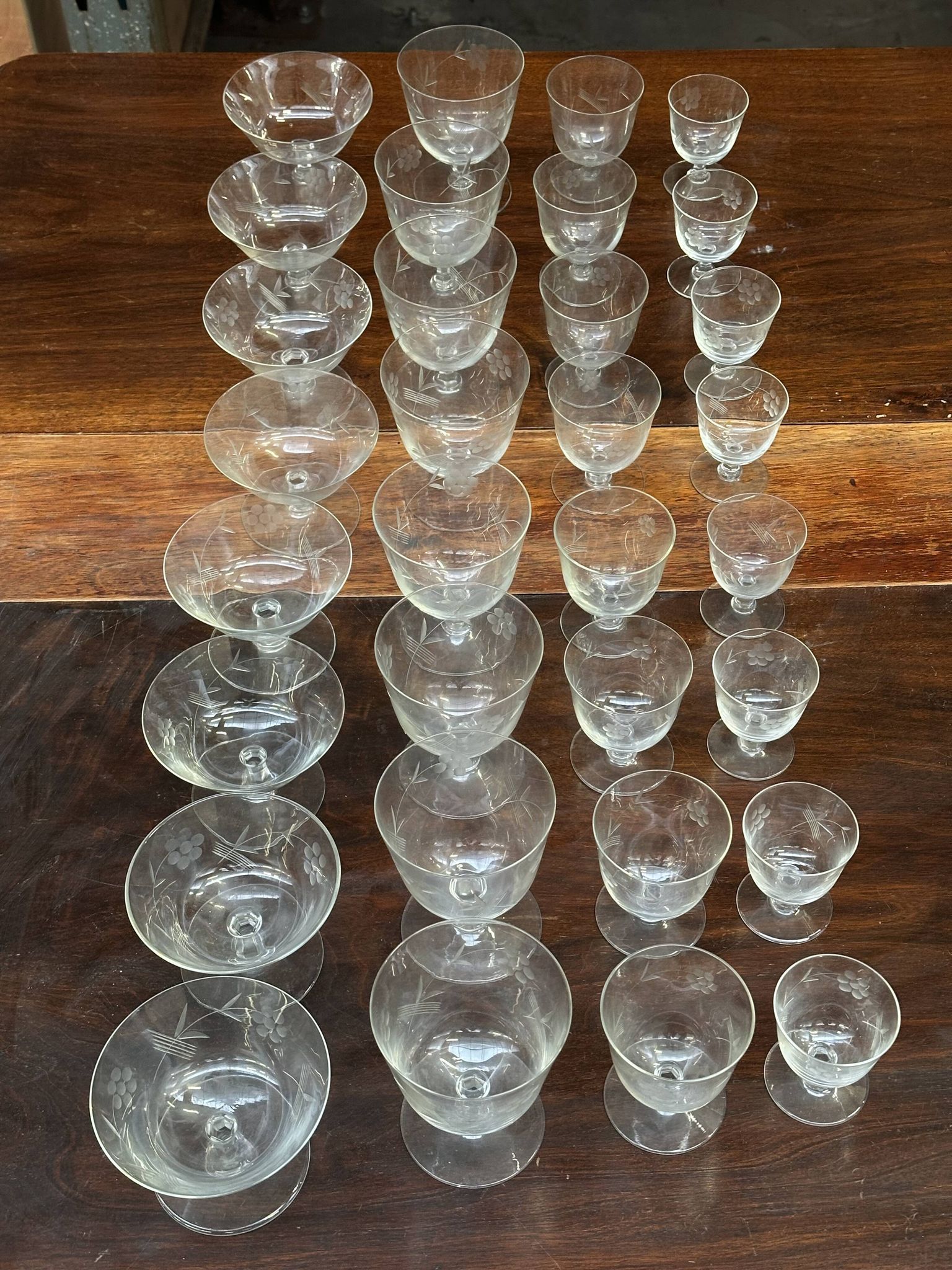 Art Nouveau Set of 32 Crystal Glasses - Engraved and Frosted Floral Pattern