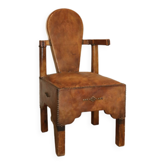 Vintage oriental Berber style armchair in leather and wood, 1950