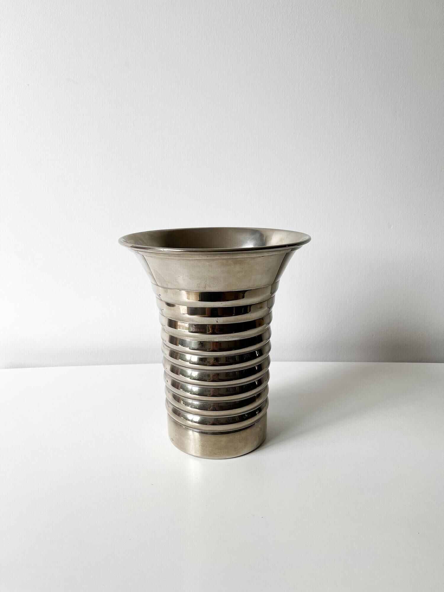 Vintage modernist striped polished aluminium vase