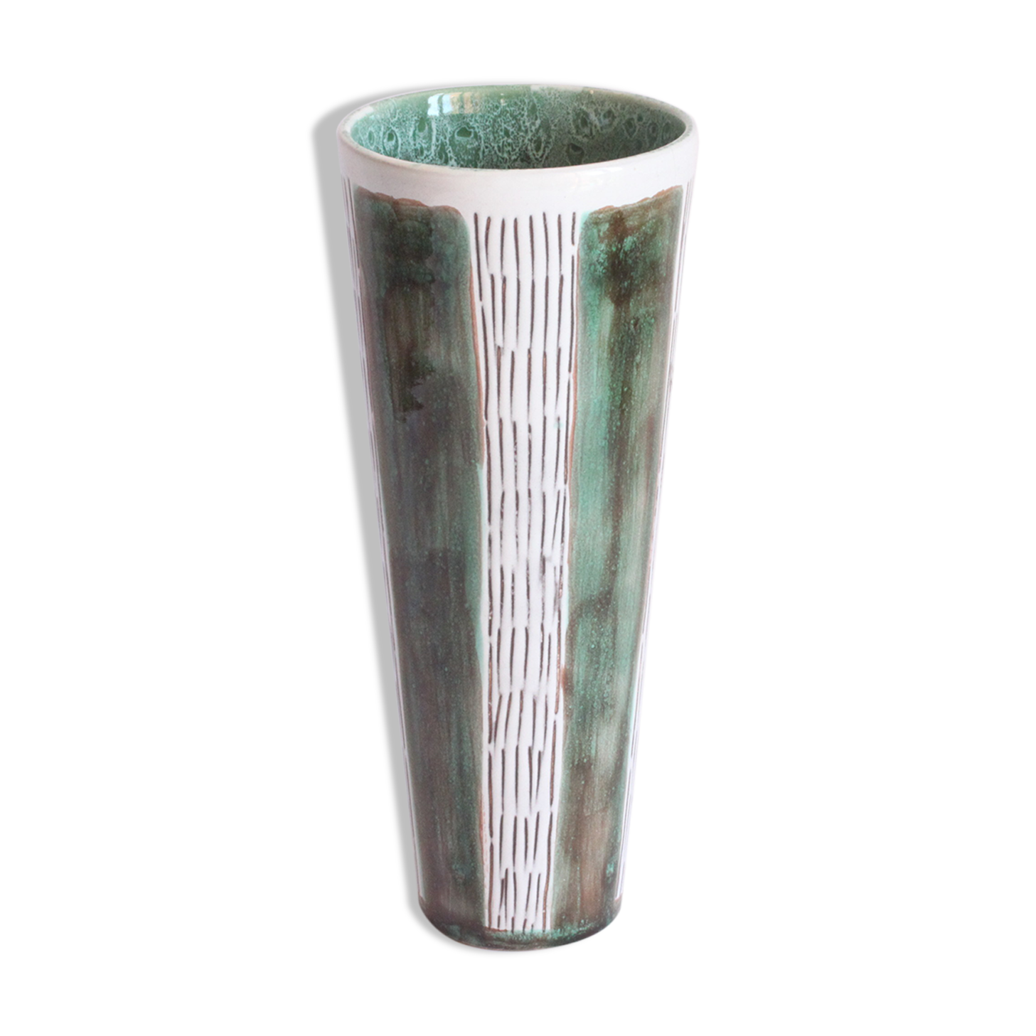 Striped green vase by Faiencerie Thulin, Belgium 1950s.