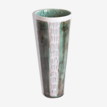 Striped green vase by Faiencerie Thulin, Belgium 1950s.
