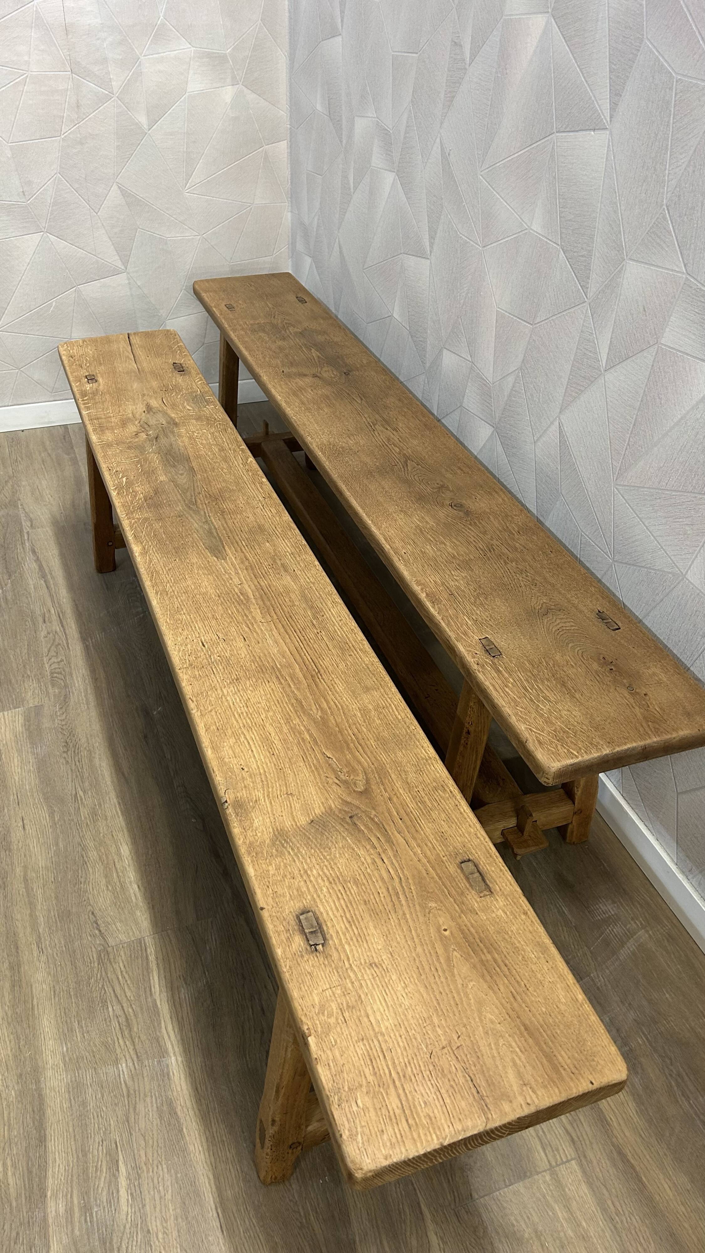 Pair of solid stripped oak farmhouse benches
