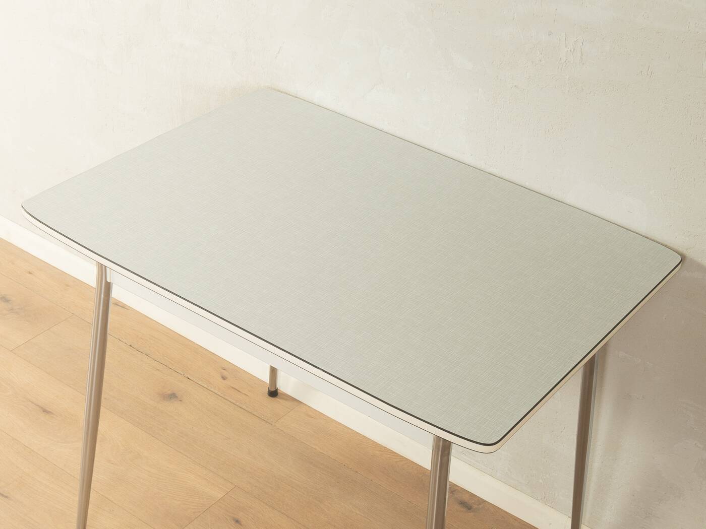 Vintage kitchen table with light grey Resopal and chrome, 1950s