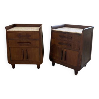 Pair of 1940s art deco oak bedside tables with marble top