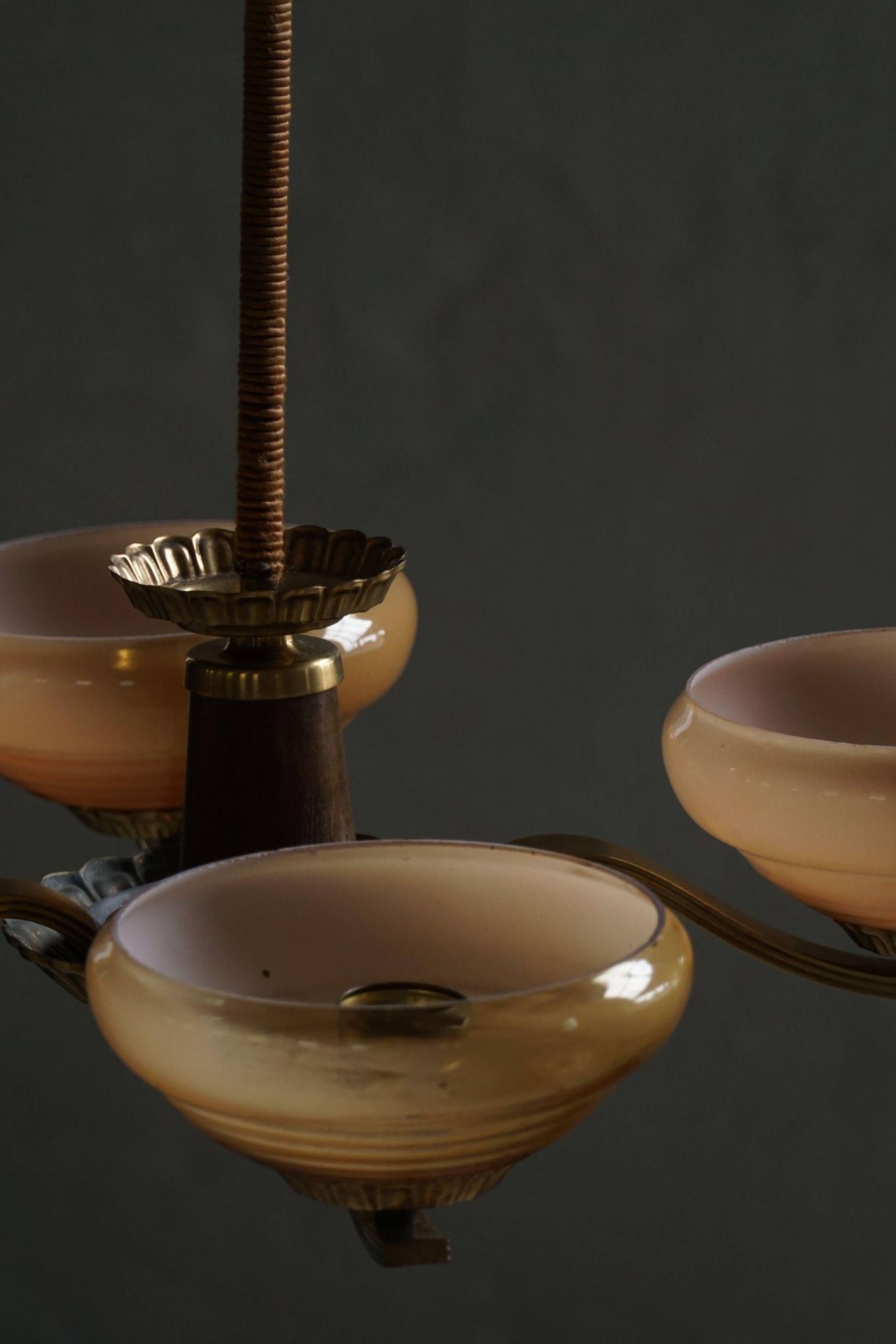 Art Deco chandelier with 4 arms in glass and brass, Sweden, 1940s