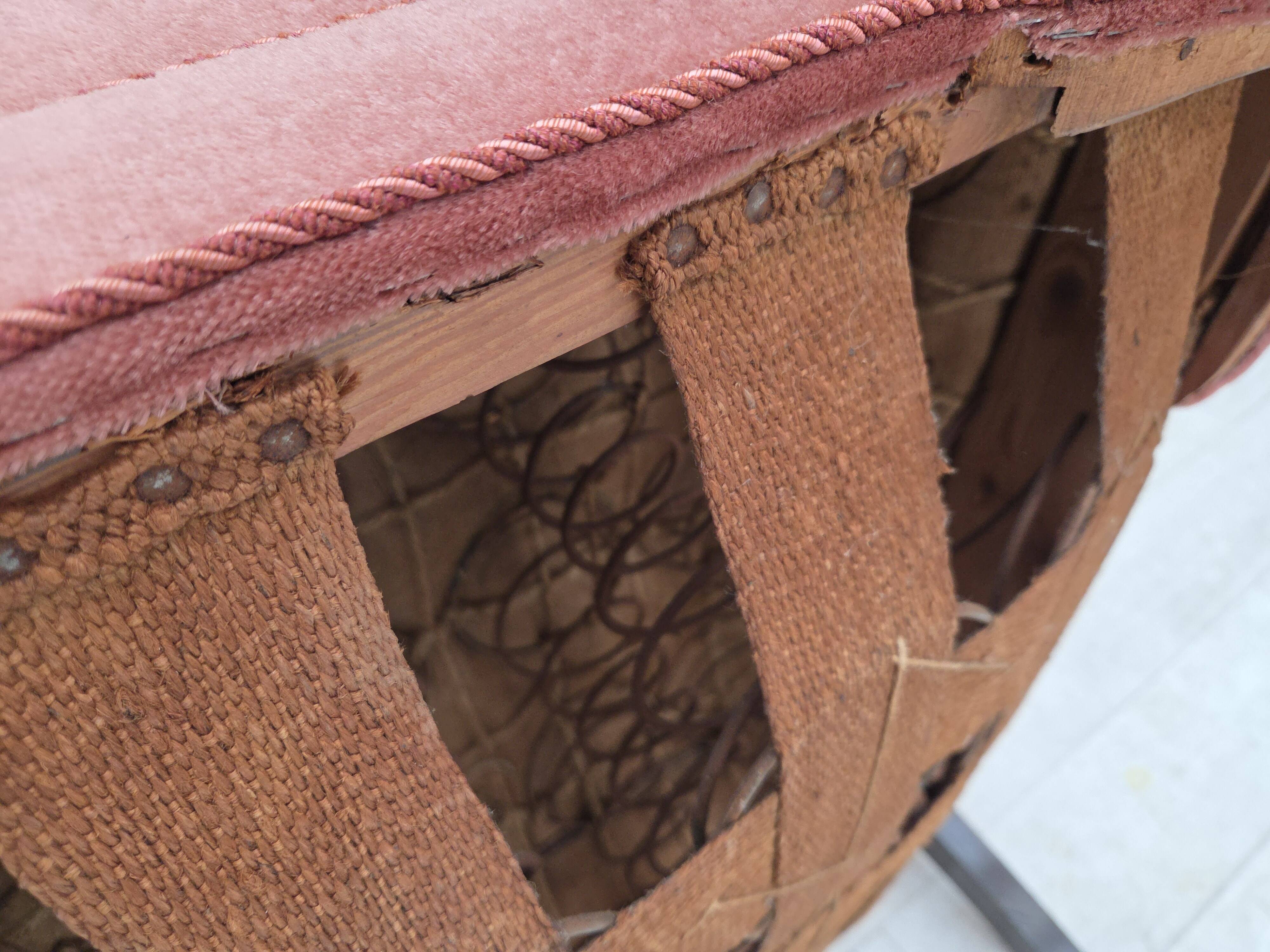 1950s, Danish armchair, salmon pink furniture velour, oak wood.