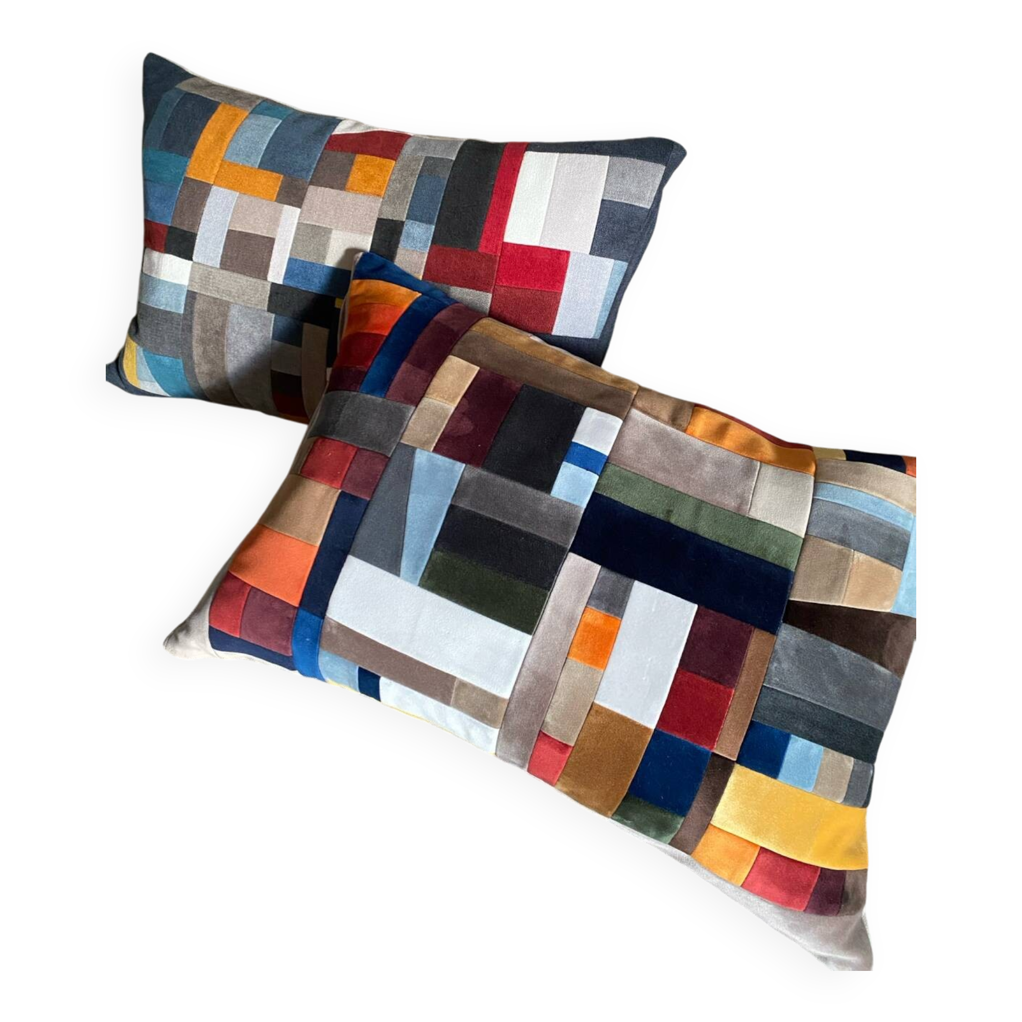 Patchwork cushions made from upholstery fabric