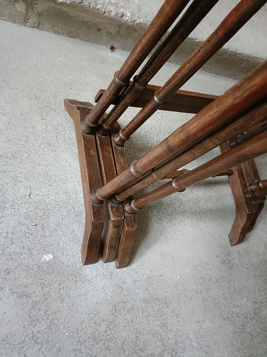 Stackable tables with pyrography.