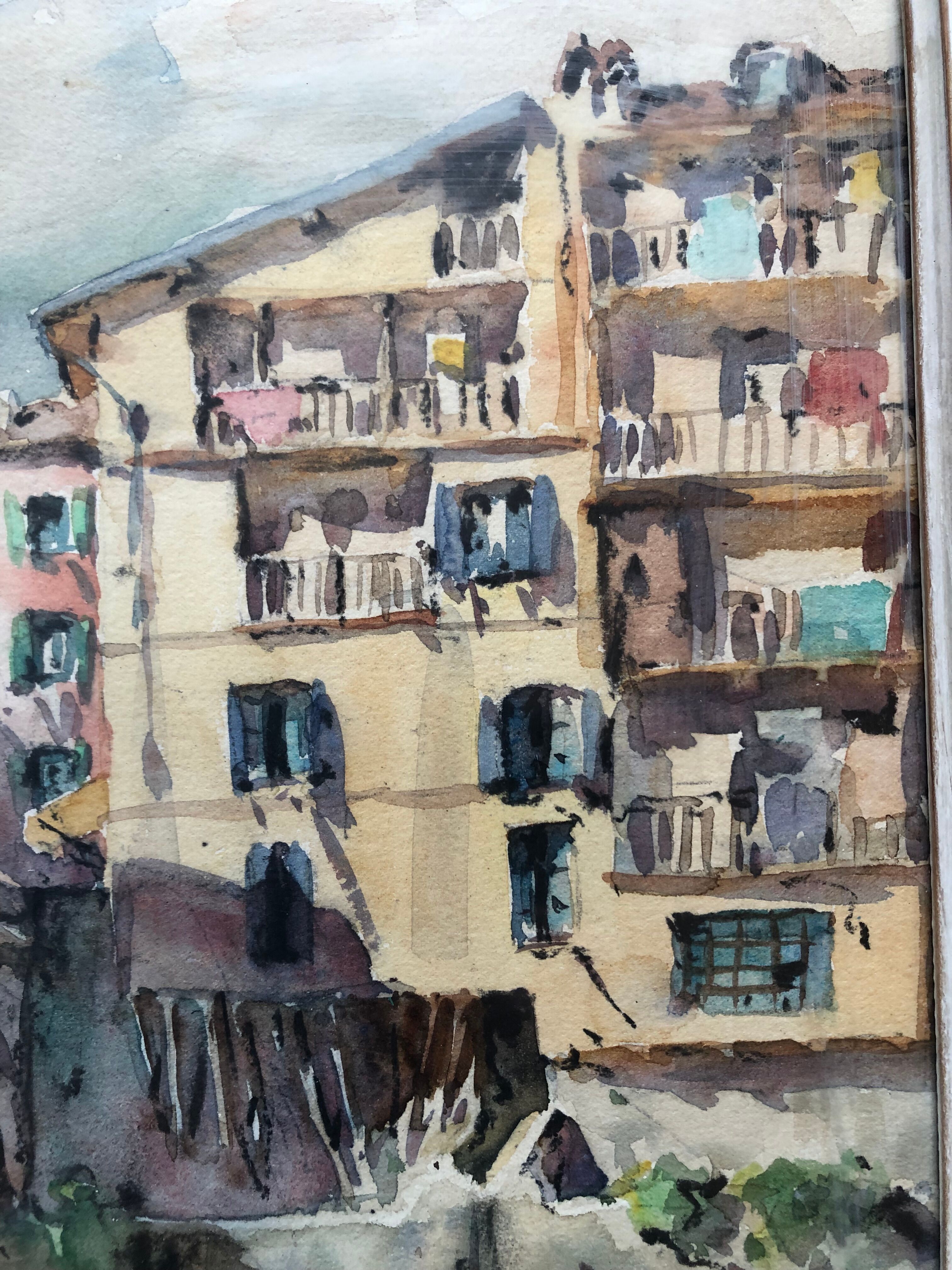 Watercolor bridge over the bevera in sospel by georges chappuis 1940, alpes maritimes 06, painting frame