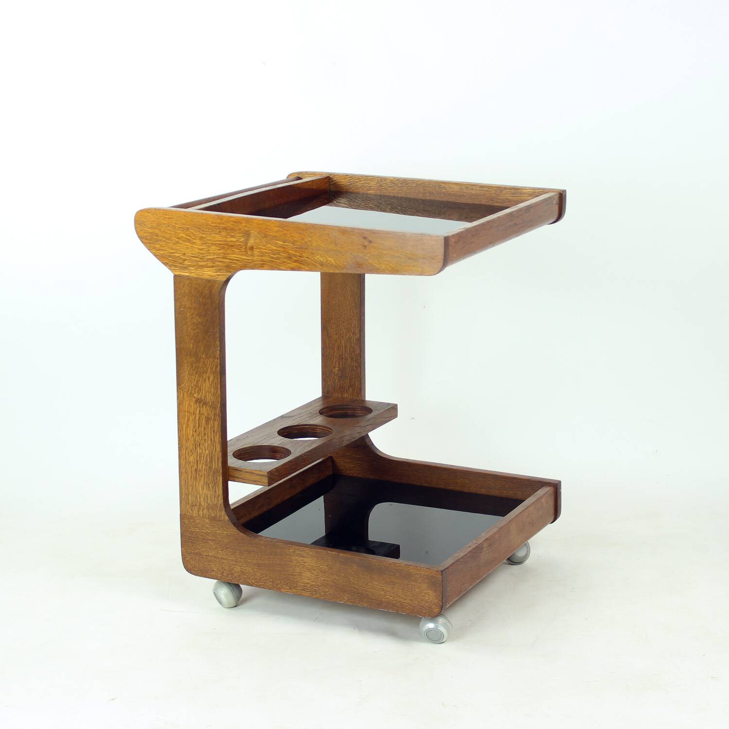 Mid Century Modern Wooden Bar Cart With Black Opaline Glass, 1960s