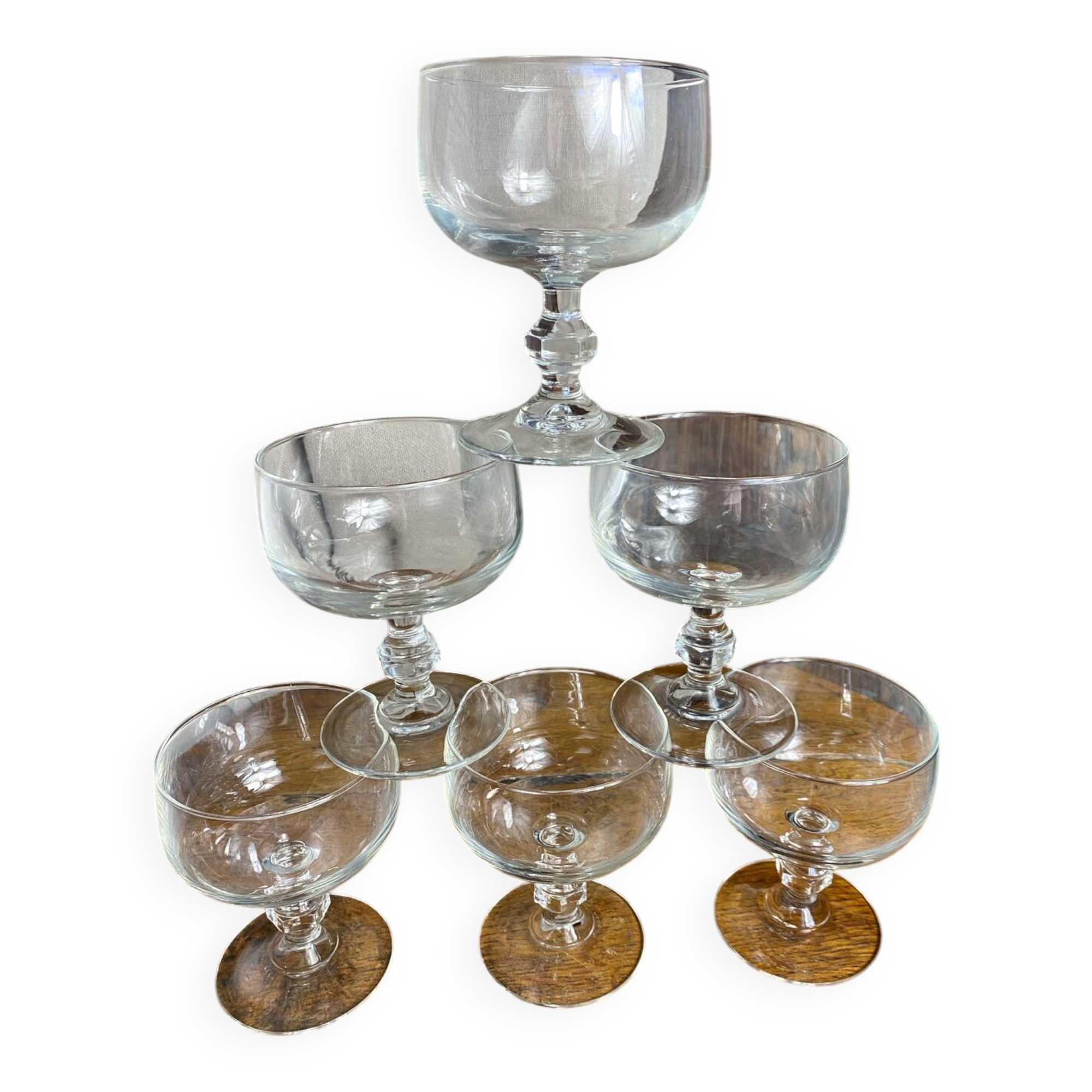 Six glass champagne or dessert glasses, Seca