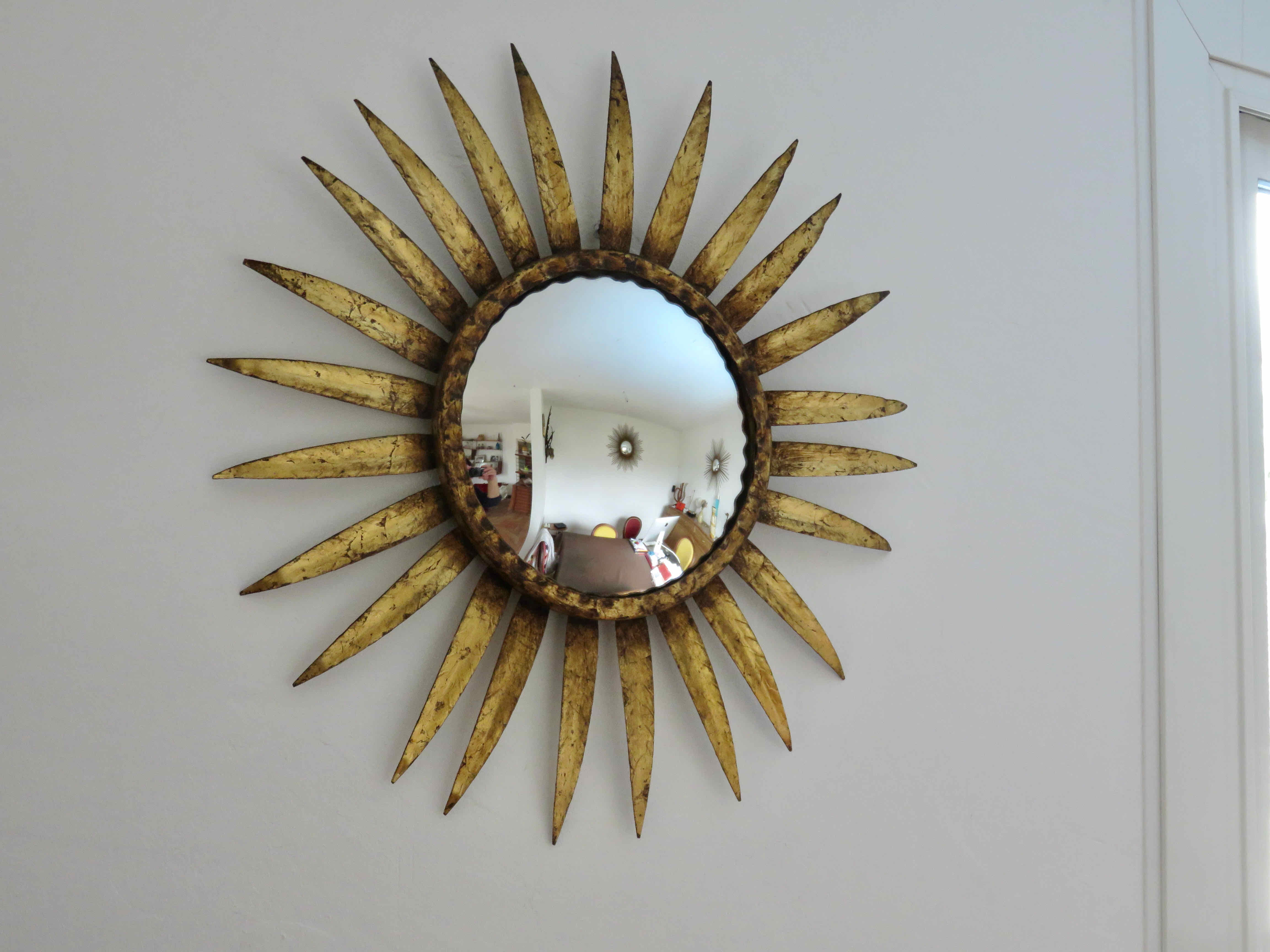 Sun mirror, witch's eye, gilded metal, 70s