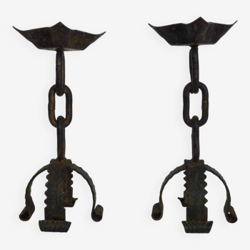 Pair of vintage brutalist "Chaines" candlesticks in black wrought iron 1960