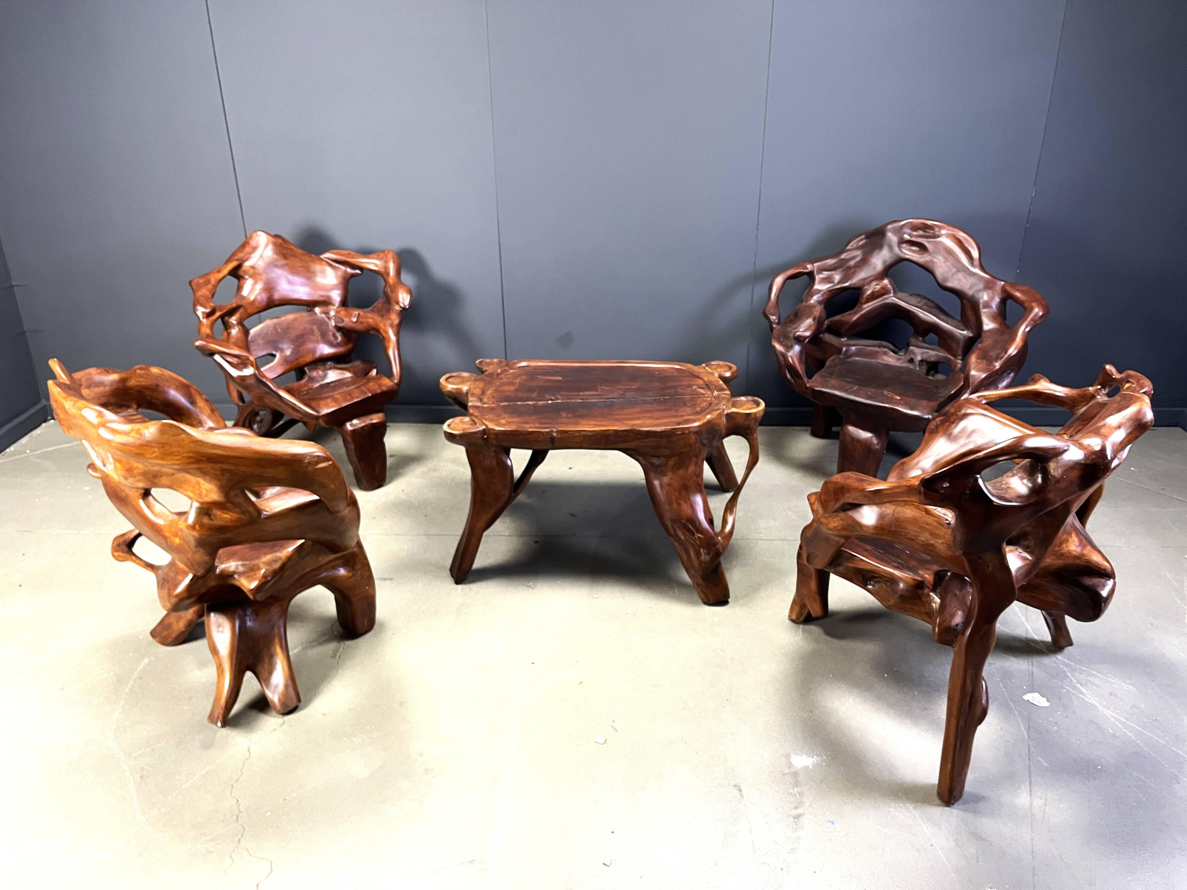 Large olive tree root chair set, 1960s