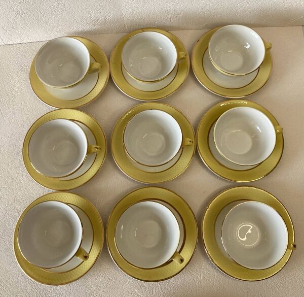 Tasses et sous-tasses jaune et blanc liserés dorés Moulin des loups