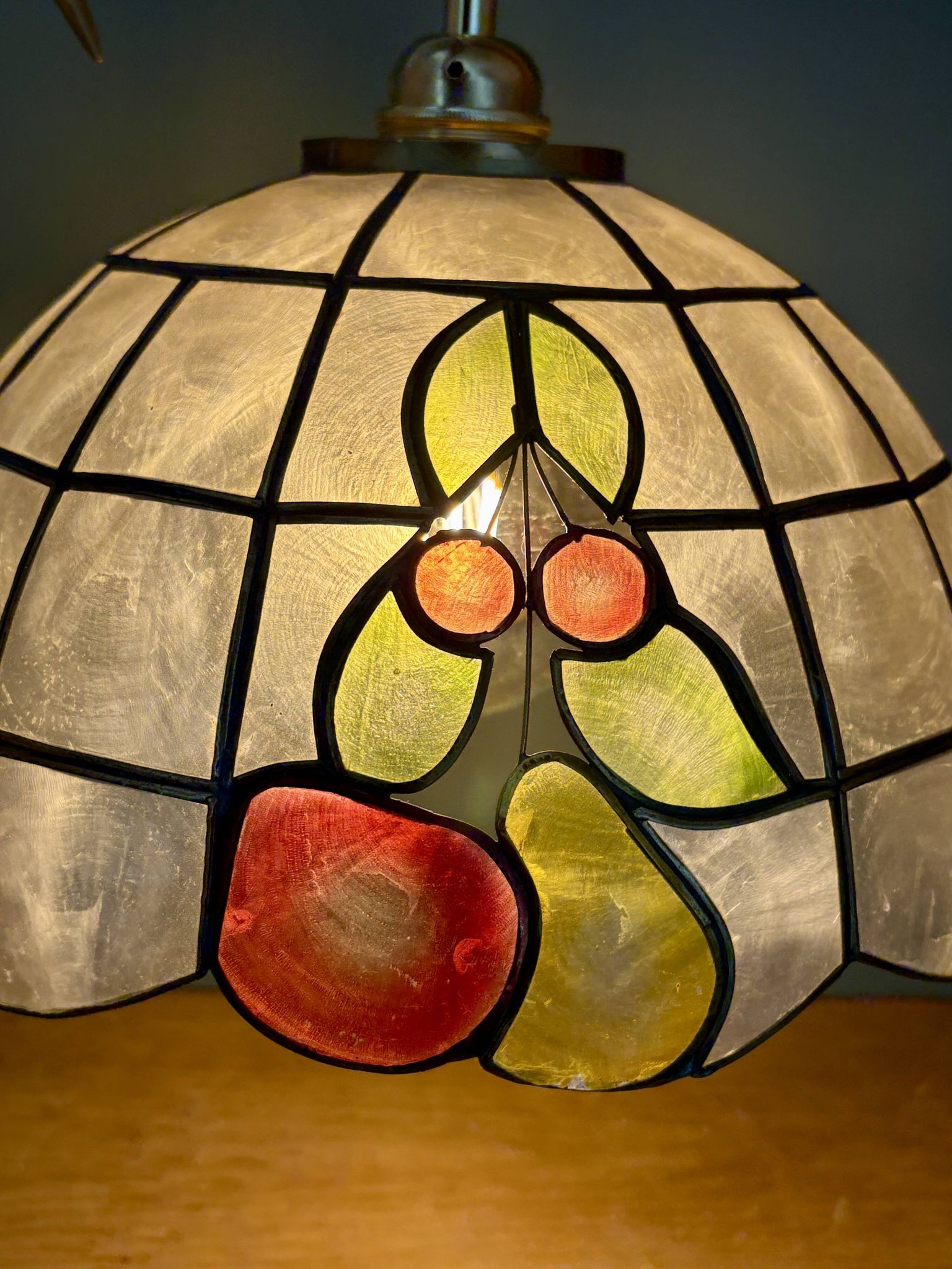 Vintage mother-of-pearl and brass pendant lampshade with fruit decorations