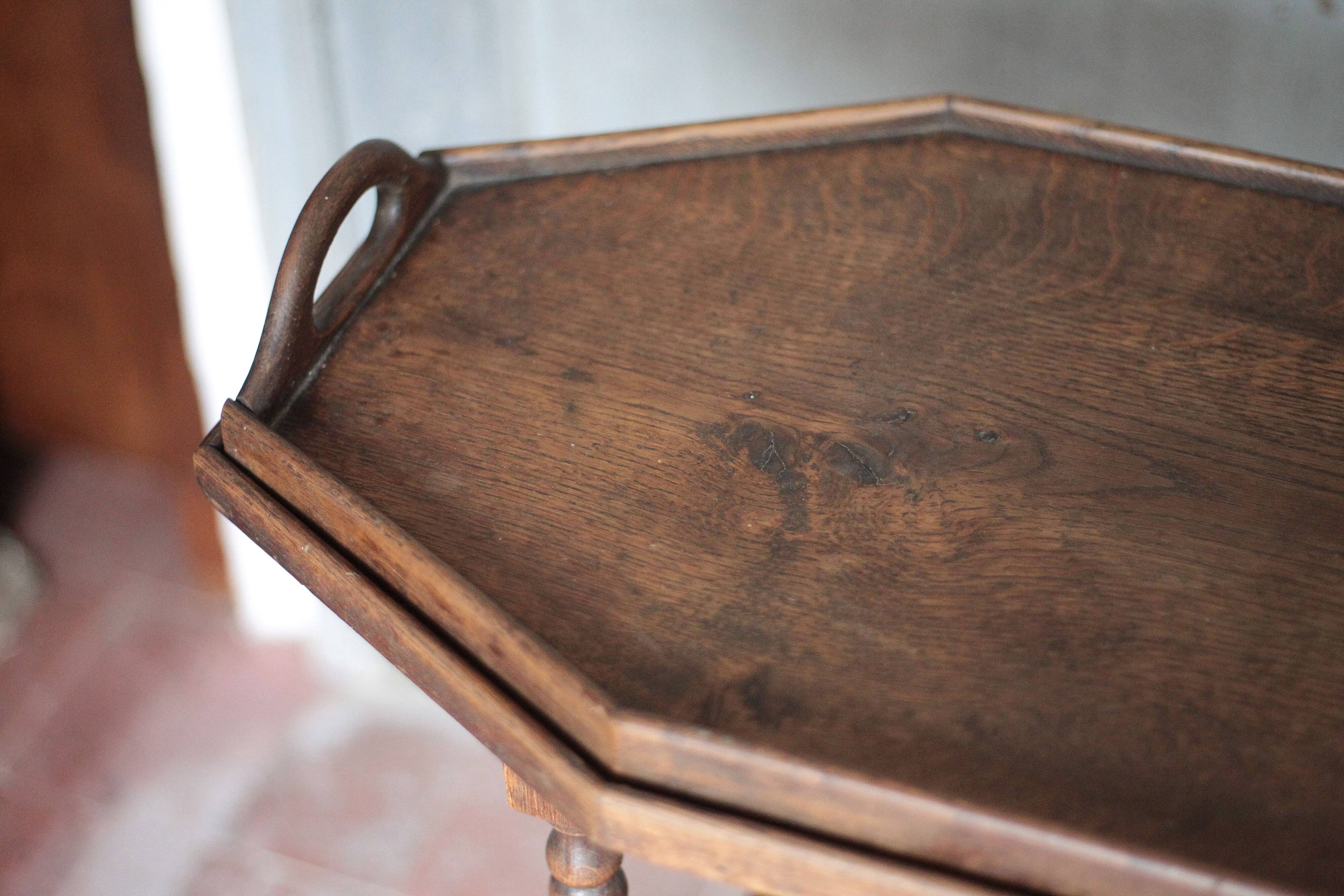 Vintage turned wood dessert trolley, wheeled table with removable top.