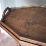 Vintage turned wood dessert trolley, wheeled table with removable top.