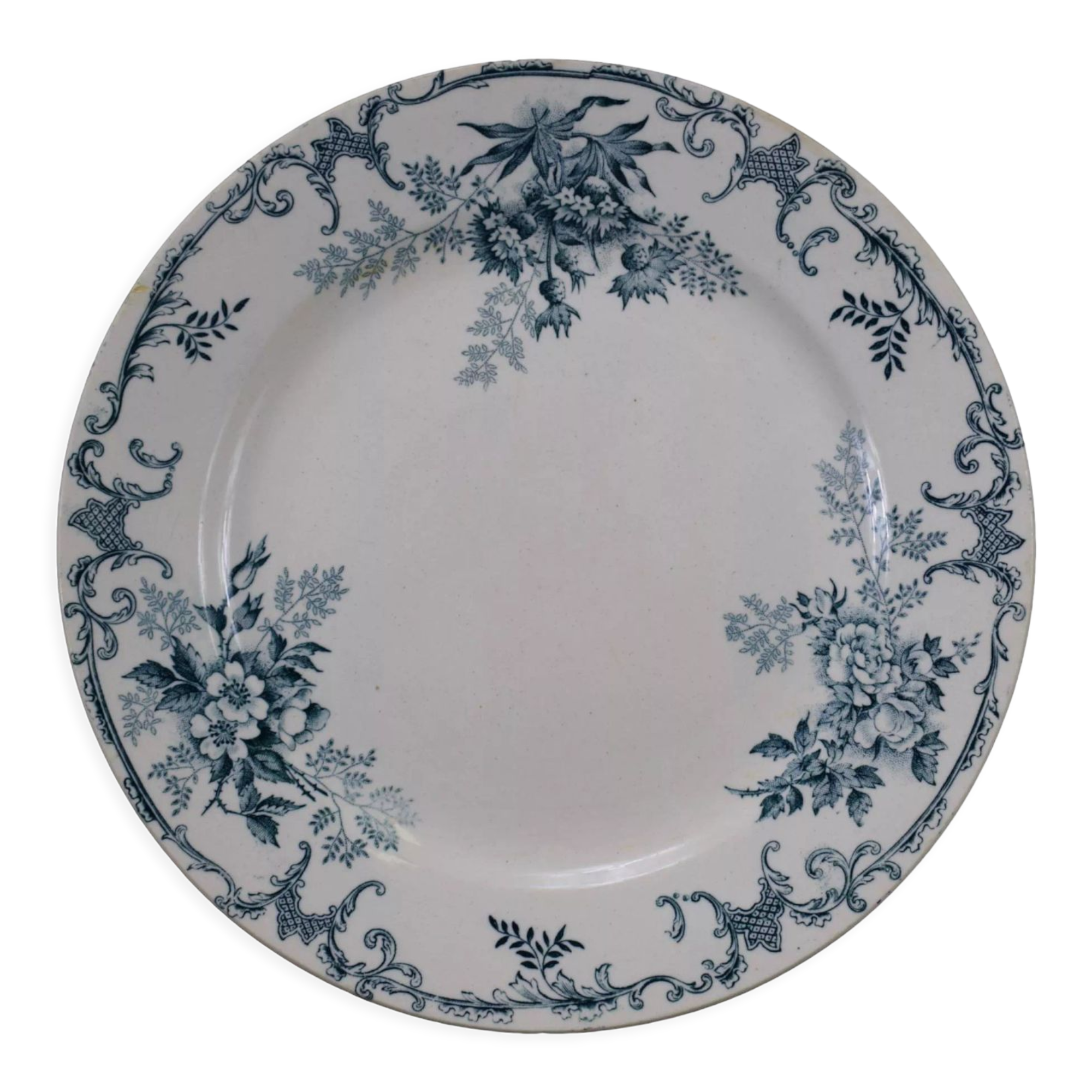 Old white and blue flat plate floral decor emile bourgeois
