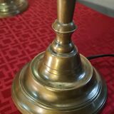 Pair of antique art nouveau brass lamps, 46x20 stained glass glass shades