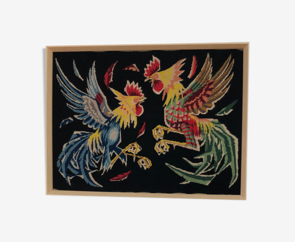 Tapisserie canevas vintage combat de coqs
