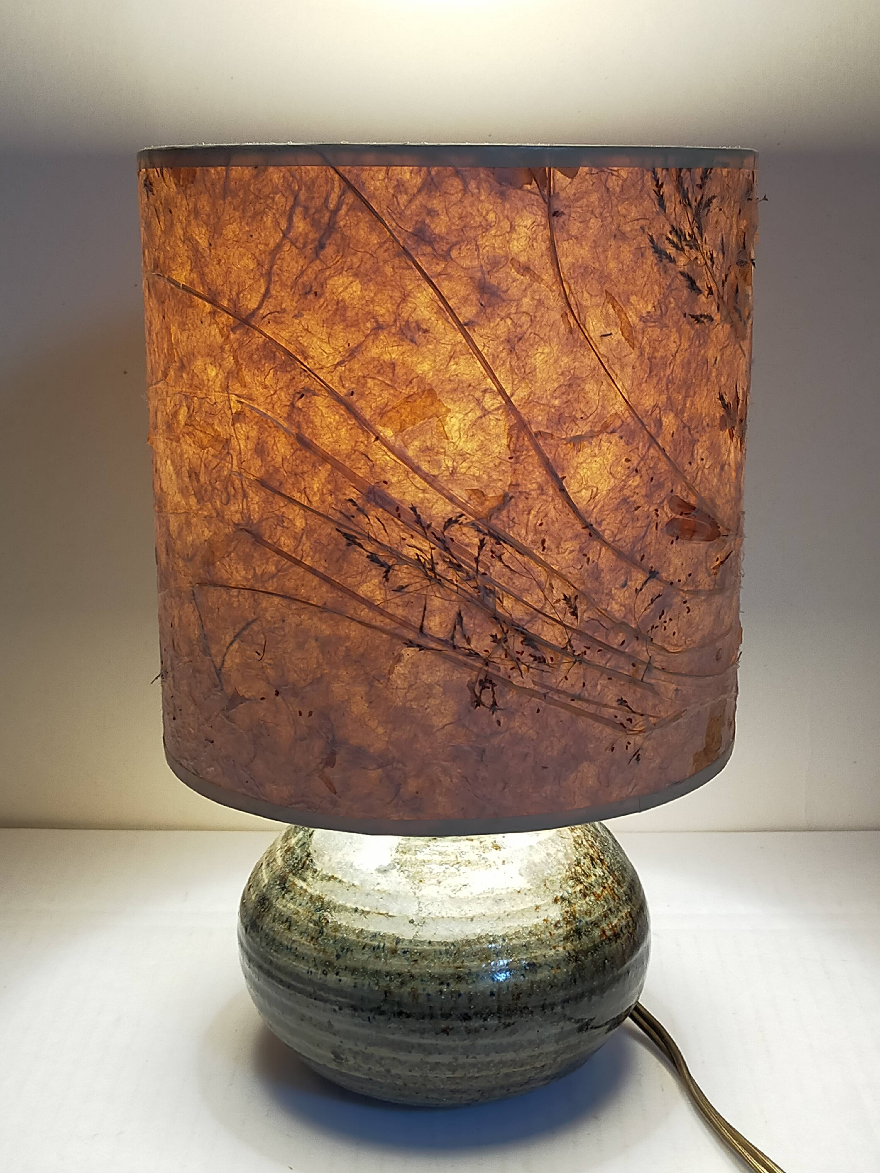 Lampe d'appoint vintage en grès émaillé, abat-jour herbier