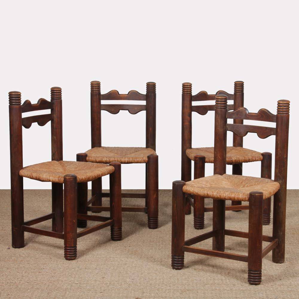 Set of 4 straw-seated solid wood chairs, French craftsmanship, 1950.
