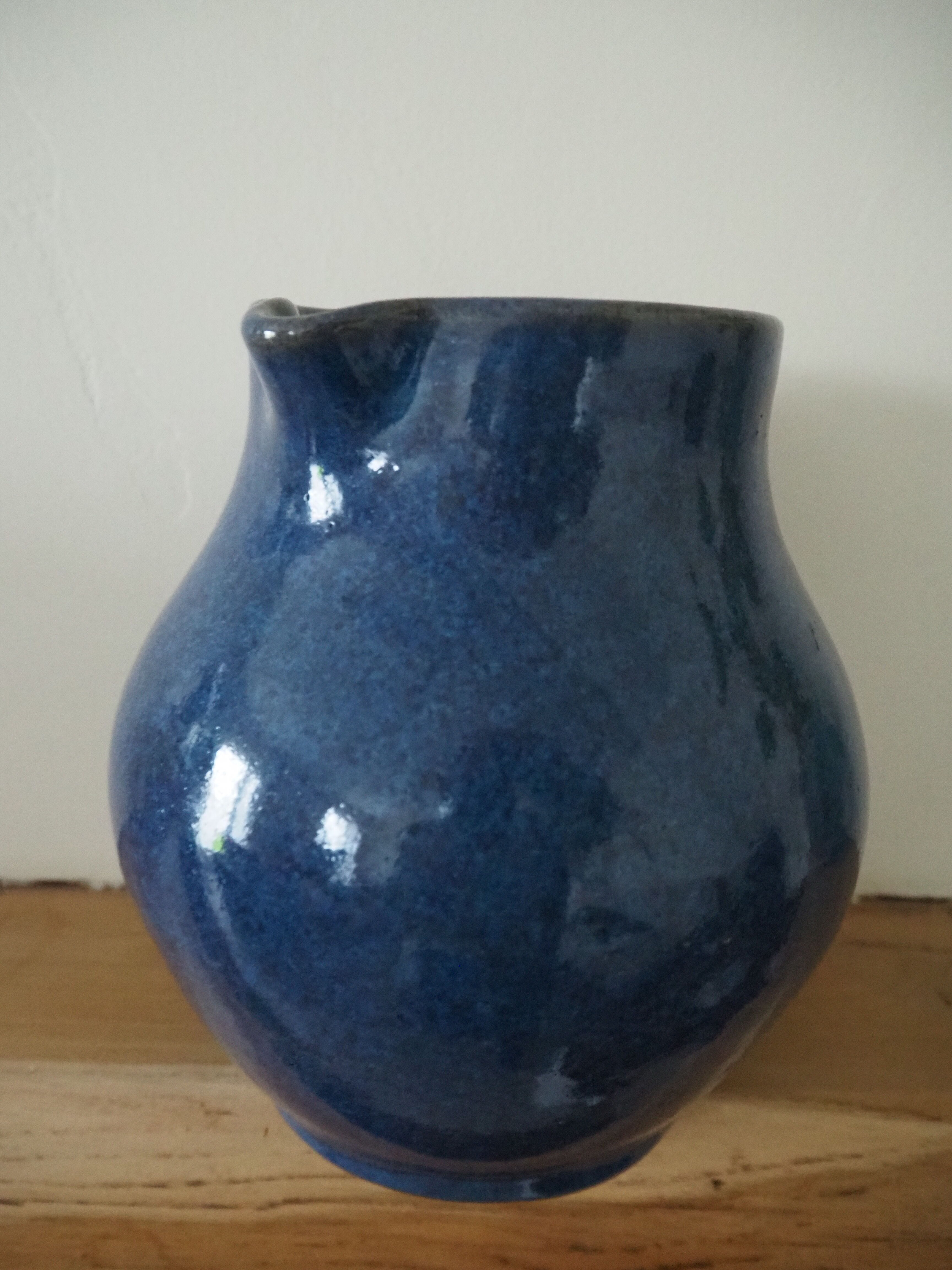 Ceramic pitcher – blue enamel signed J. Normand handmade in France