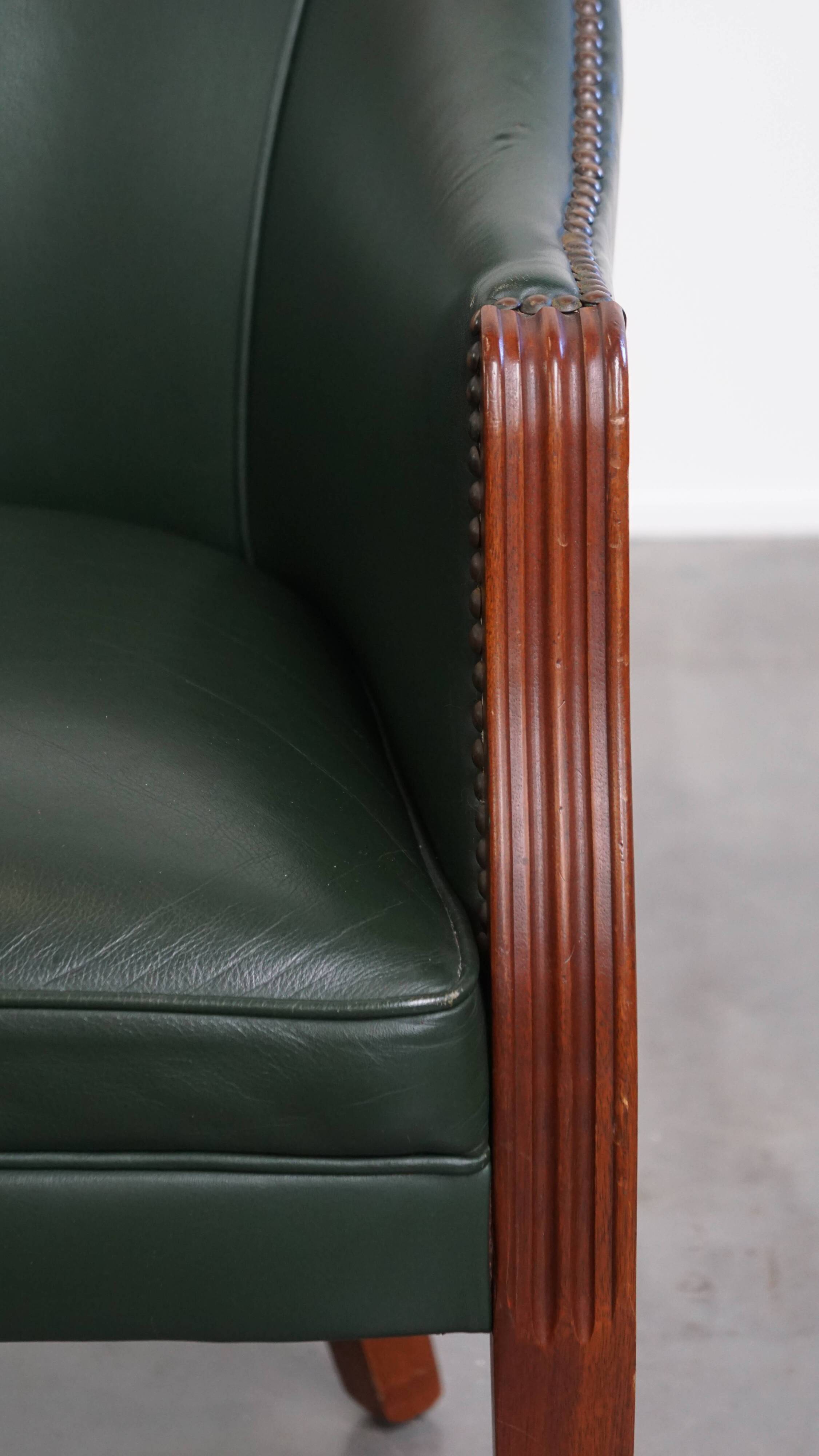 Green Cowhide Leather and Wooden Side / Dining / Desk Chair