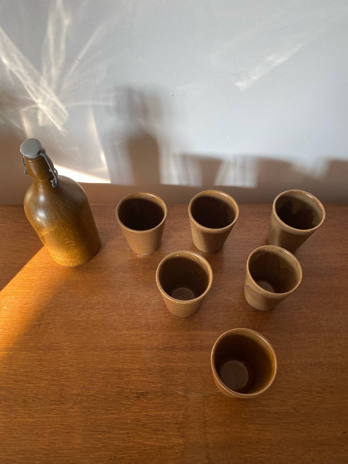 Antique Bottle Service + 6 Stoneware Goblets DIGOIN France Vintage