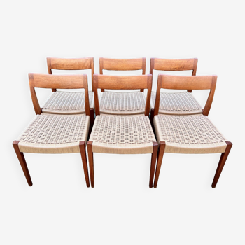6 Swedish teak and rope chairs Kontiki model by "Yngve Ekstrom"