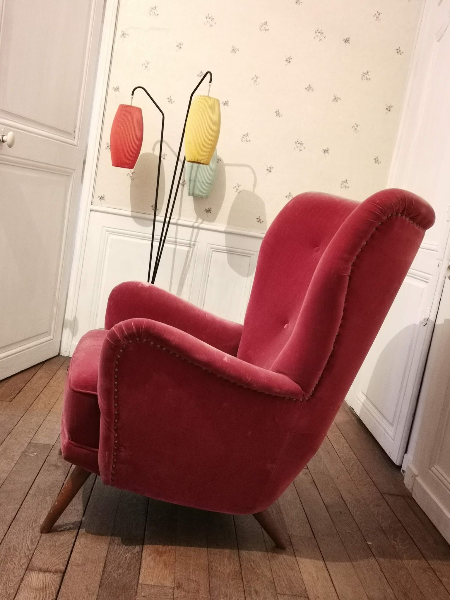 Fauteuil danois bergère année 40 50 velour rouge