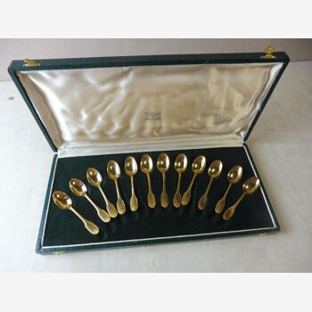 Old box 12 golden mocha spoons, Alfenide Christofle, shell decoration