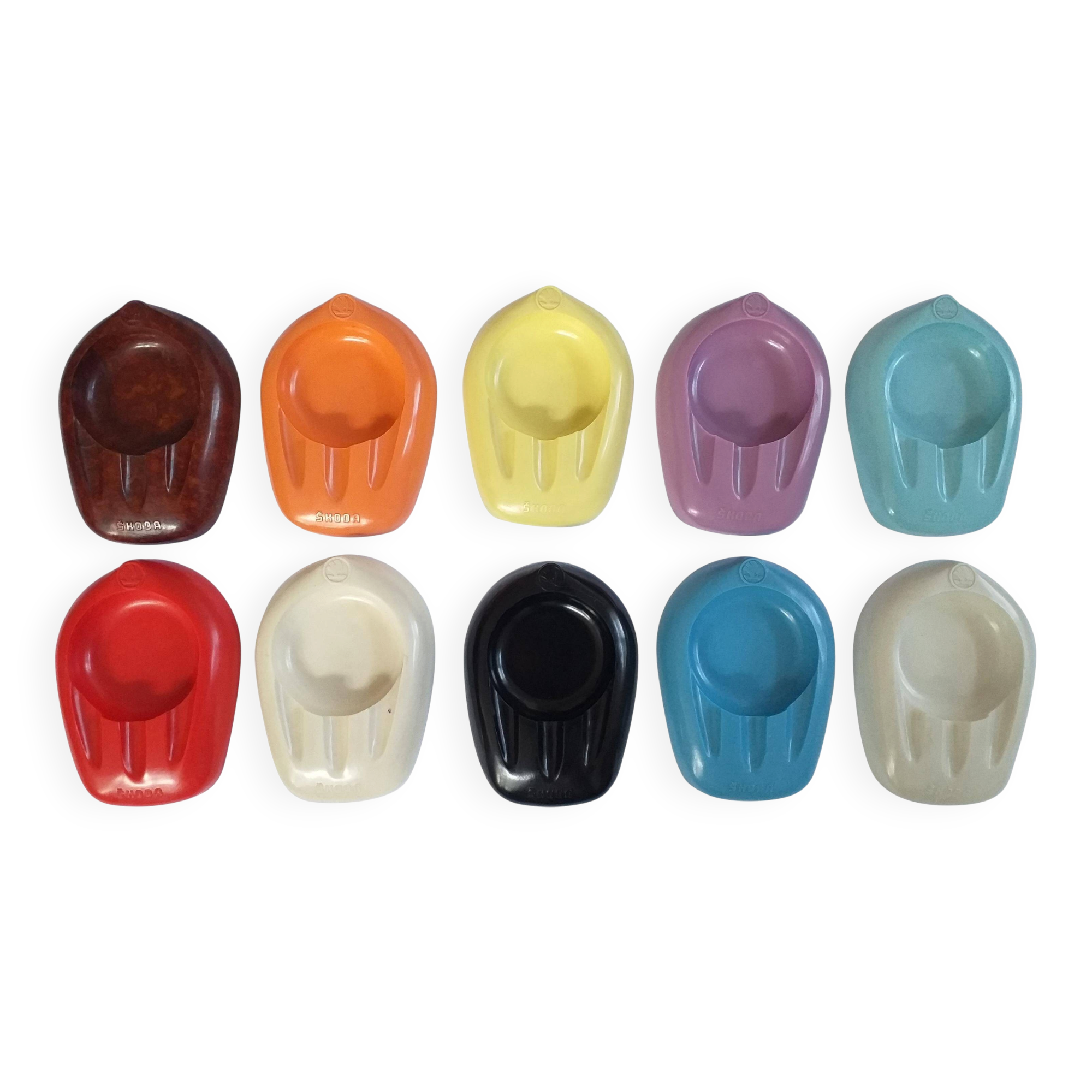 Set of Ten Unique Colored Bakelite Ashtrays, Škoda Car Manufacturer, 1950s