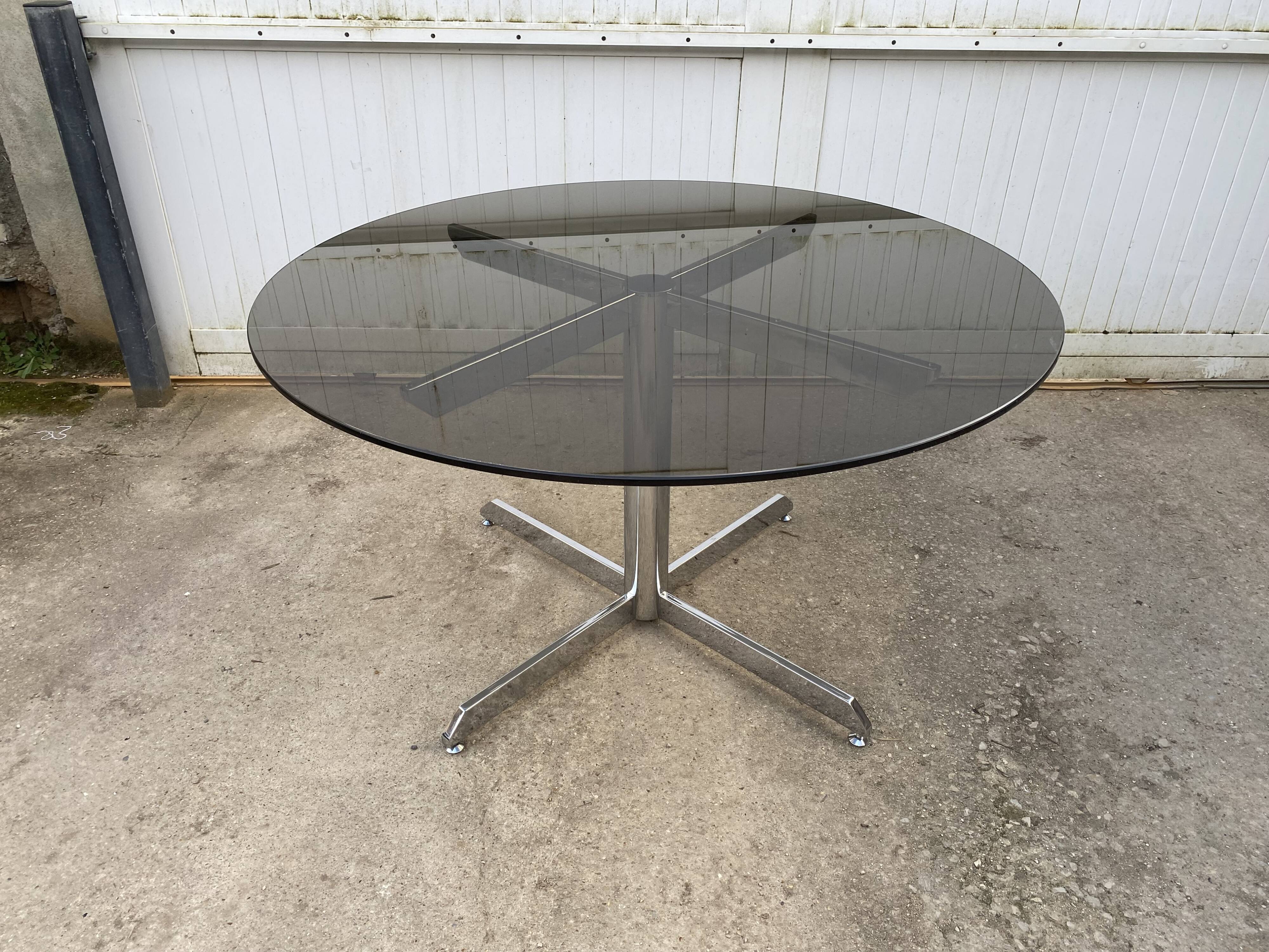 Smoked glass round table chrome Florence Knoll Roche Bobois an70