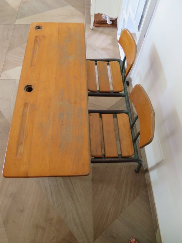 Bureau d’écolier vintage en bois et métal - Bureau double