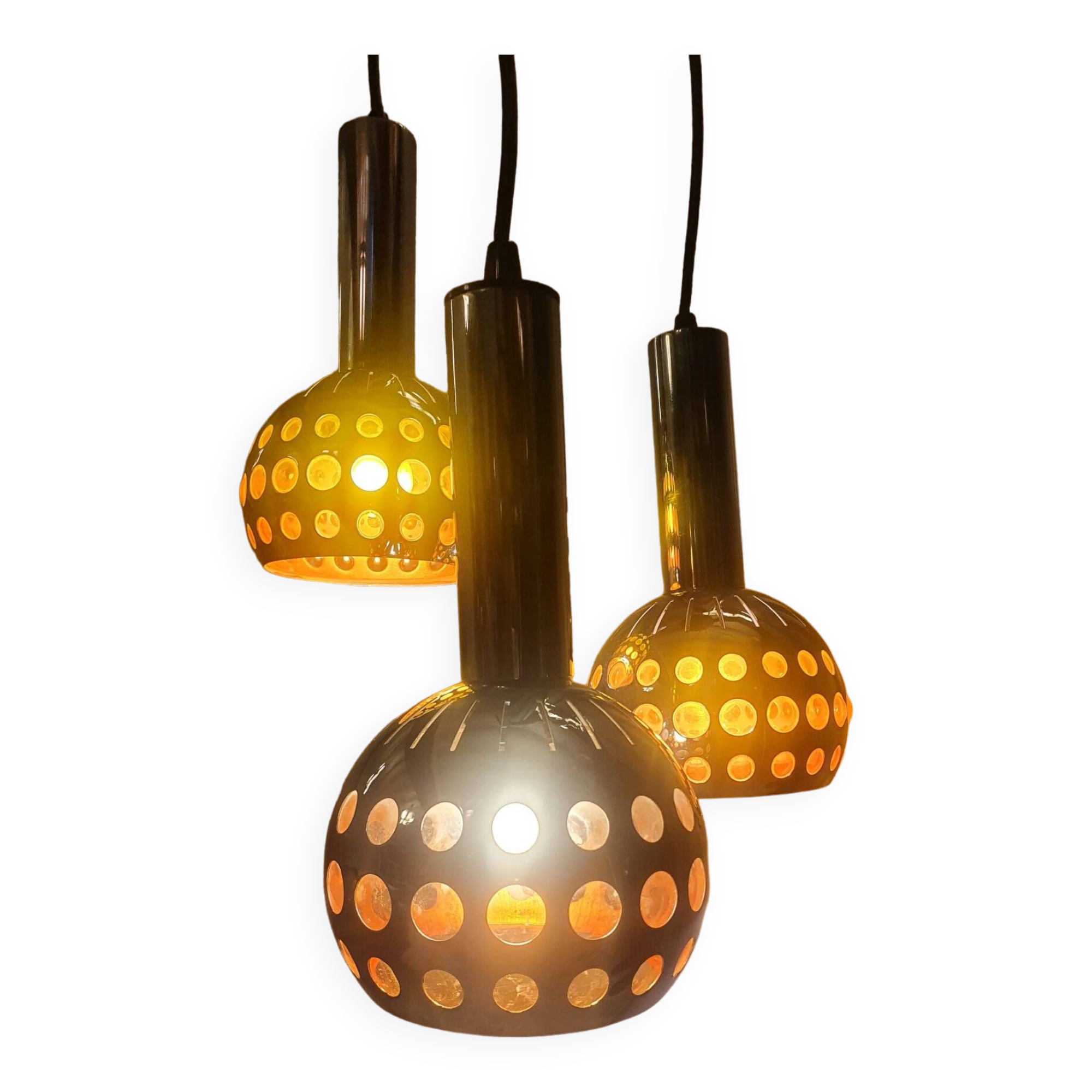 Raak three-light space age orange pendant lamp, 1970s, Netherlands