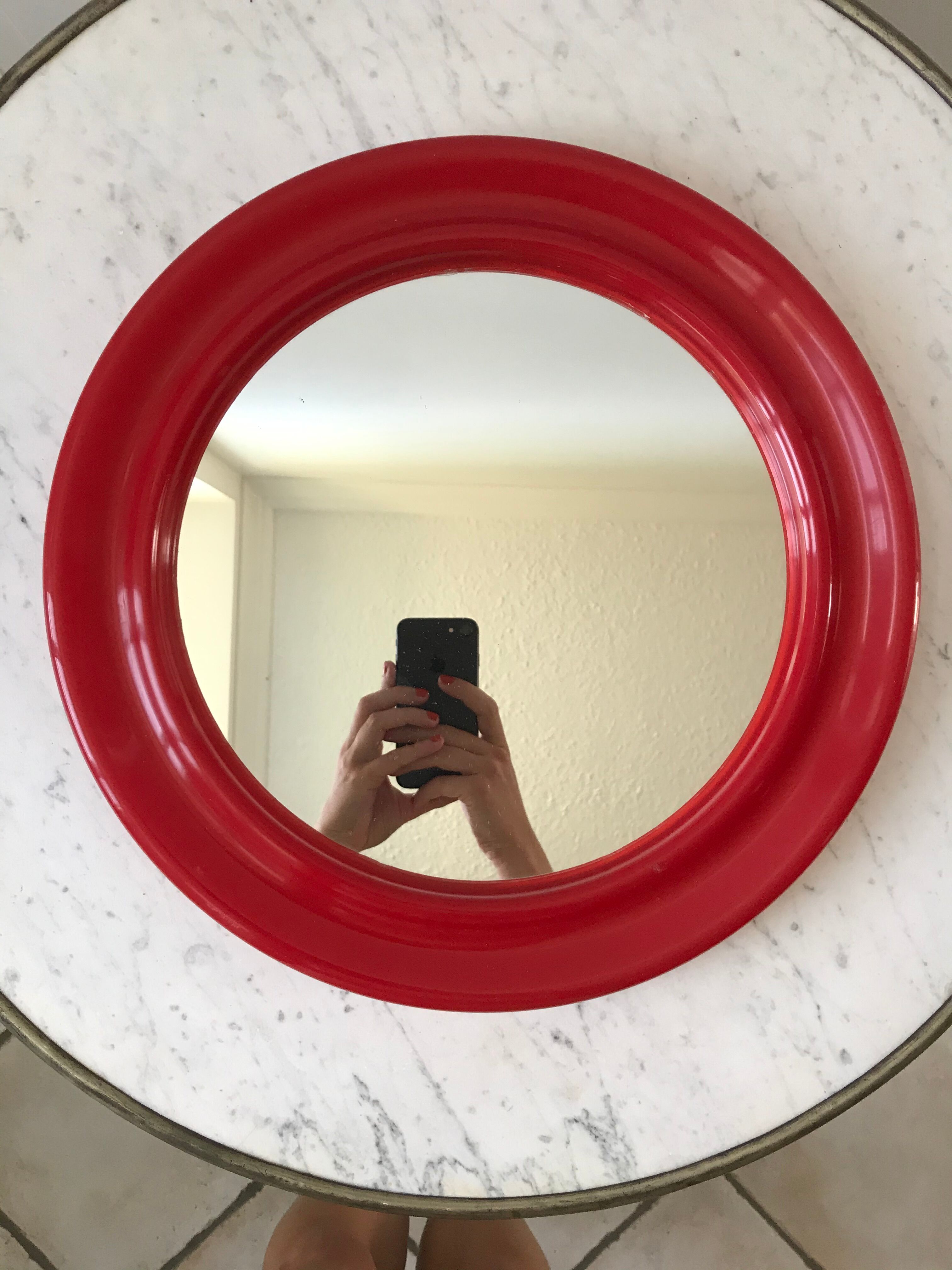 1970s red round plastic mirror